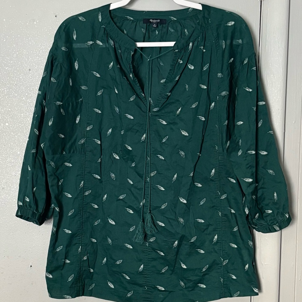 Madewell Emerald Green Boho Peasant Top 3/4 sleeve Feathers/Tassel 100% cotton S